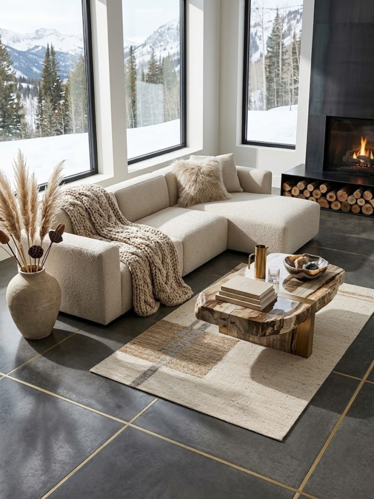 Wool rug with a looped pile texture, styled in a living room seating area.