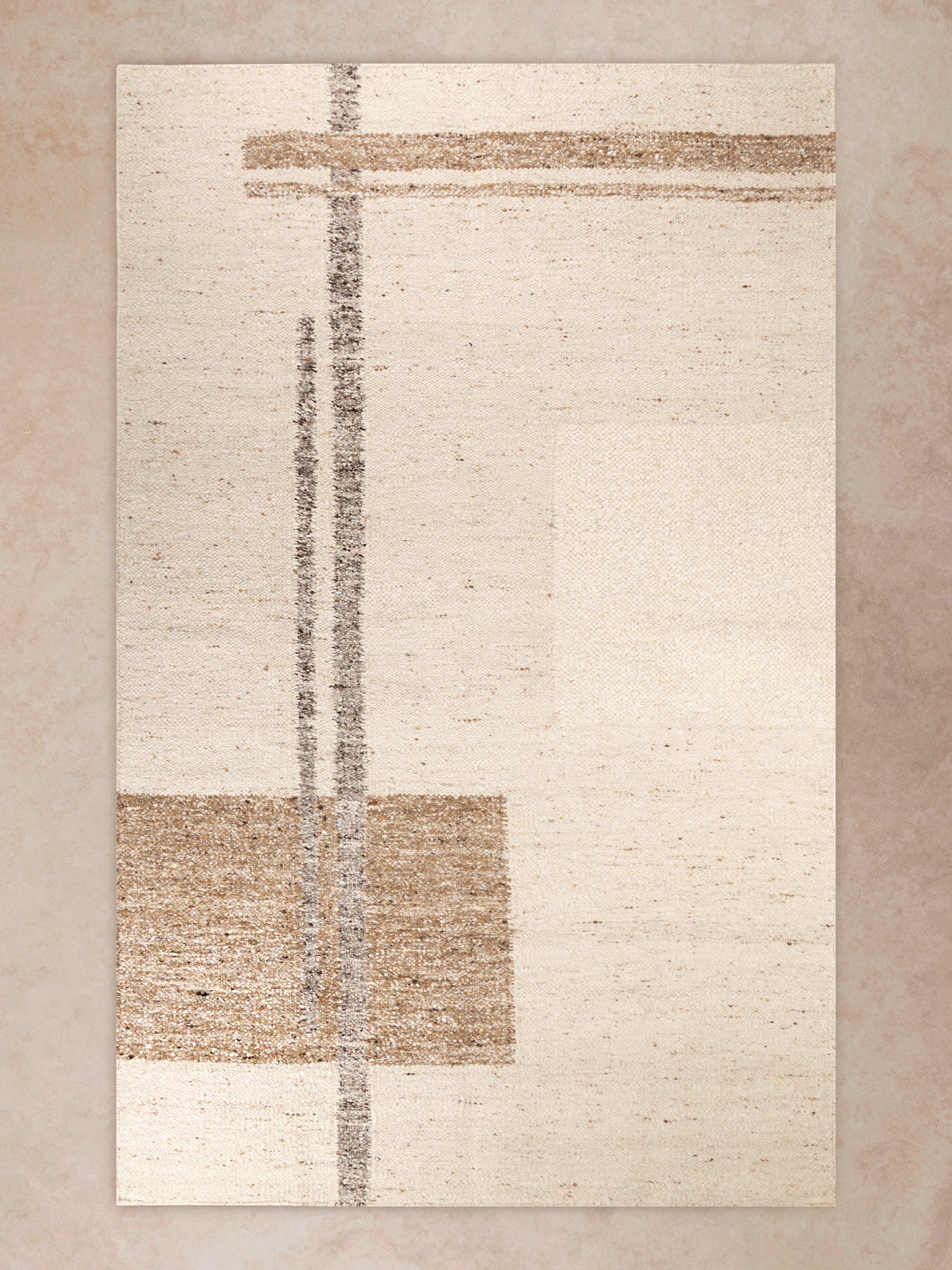 Handwoven Tirana Punja kelim rug in neutral tones with modern linear pattern