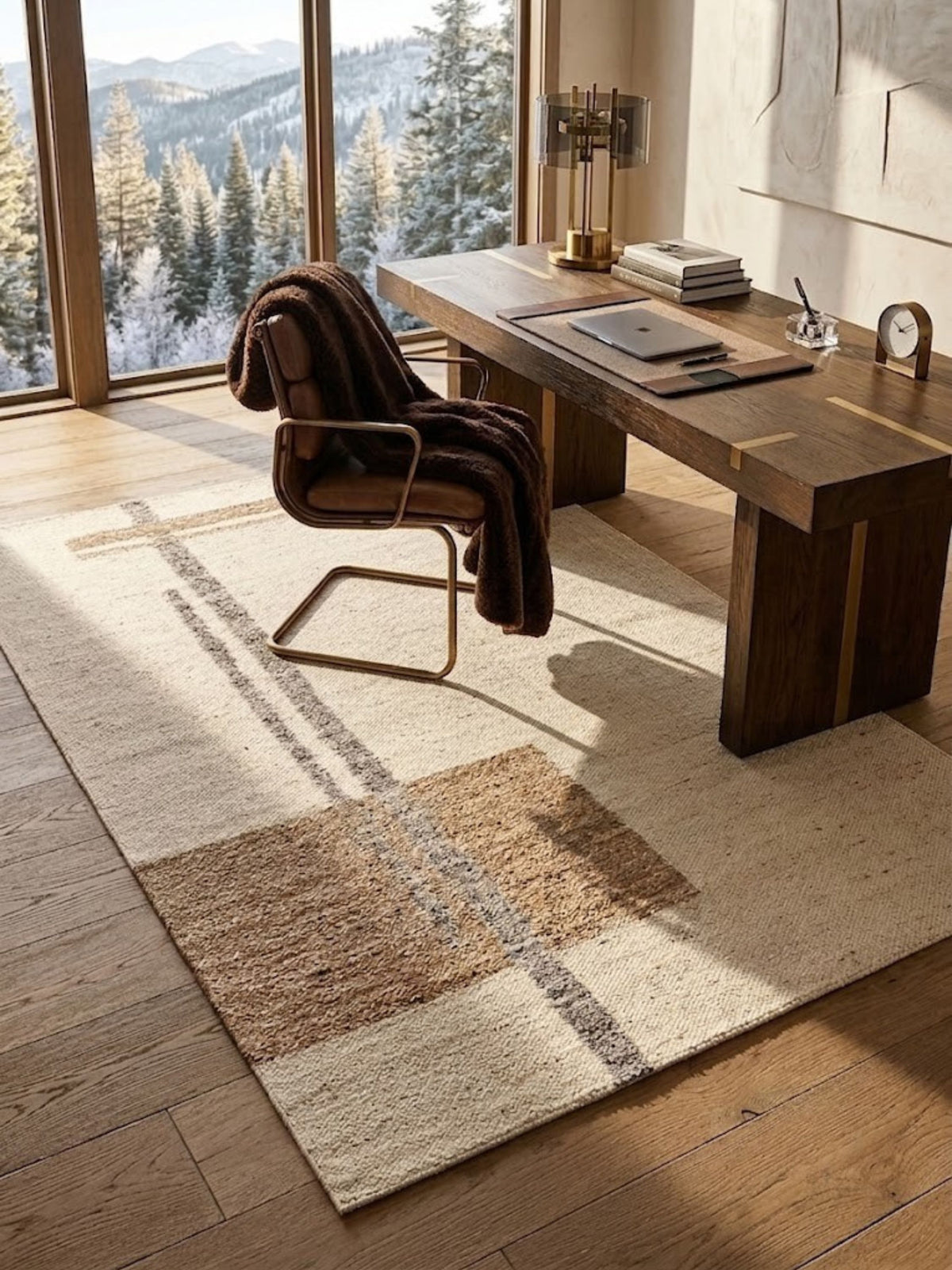Wool rug with a banded field pattern, styled beneath a desk.