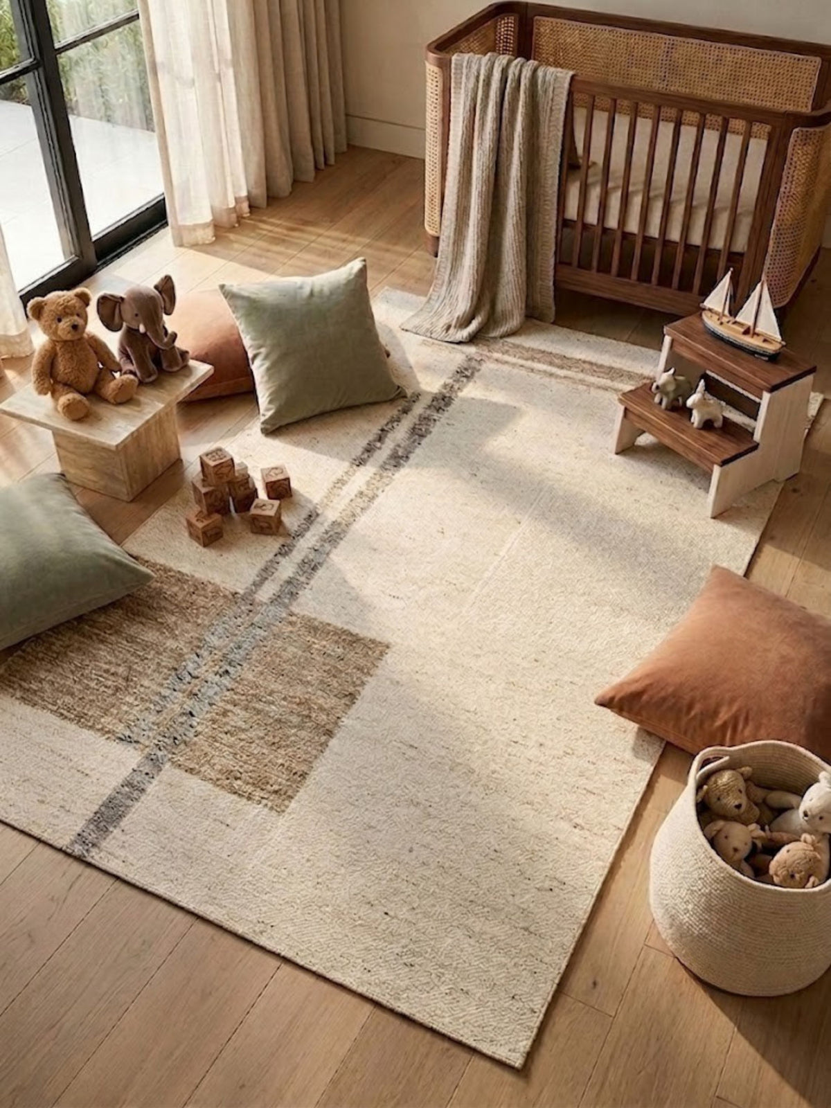 Wool rug with a double-line pattern, styled beside a crib.