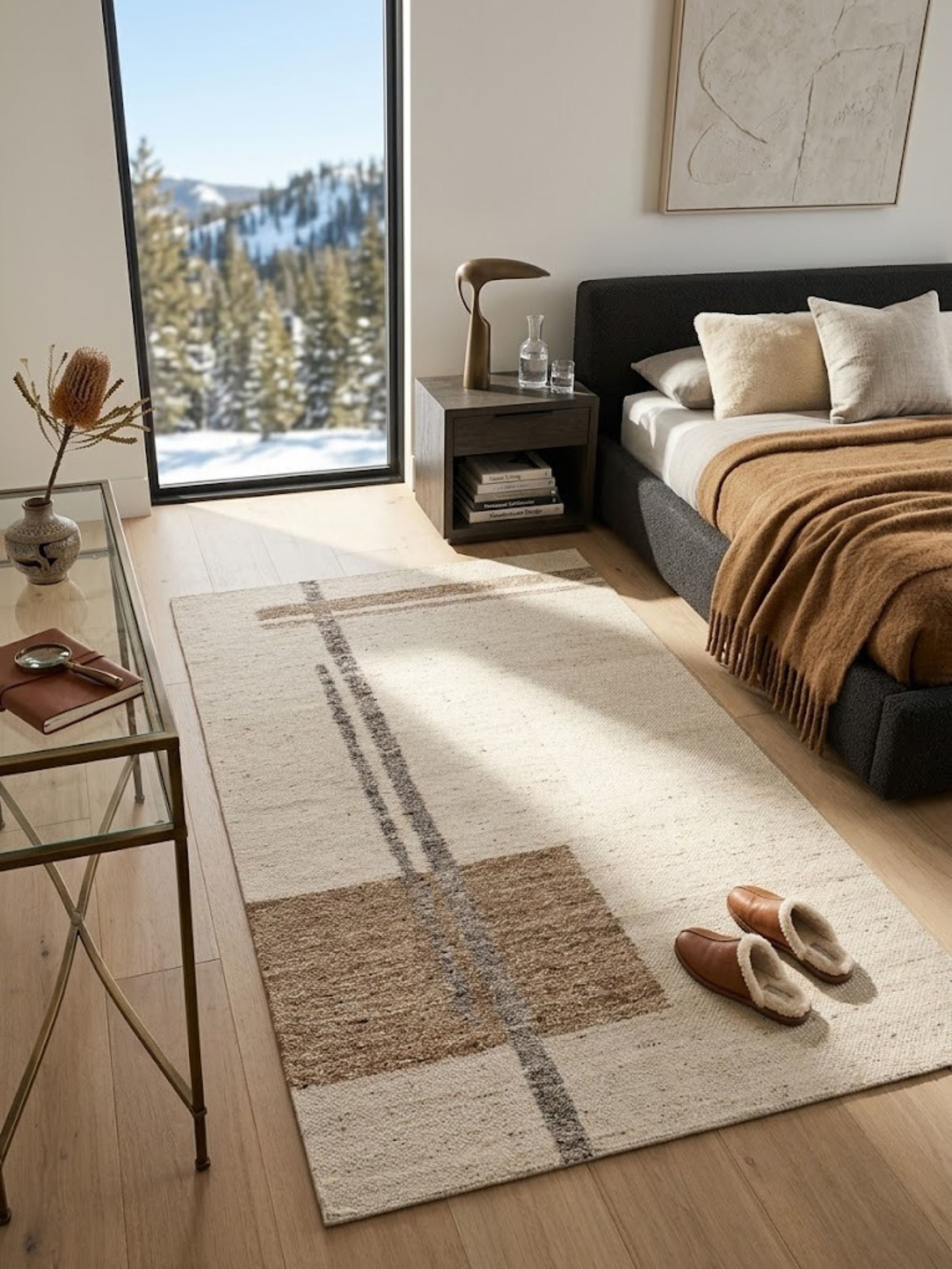 Wool rug with a close, low-pile fiber texture, styled beside a glass table in the bedroom.