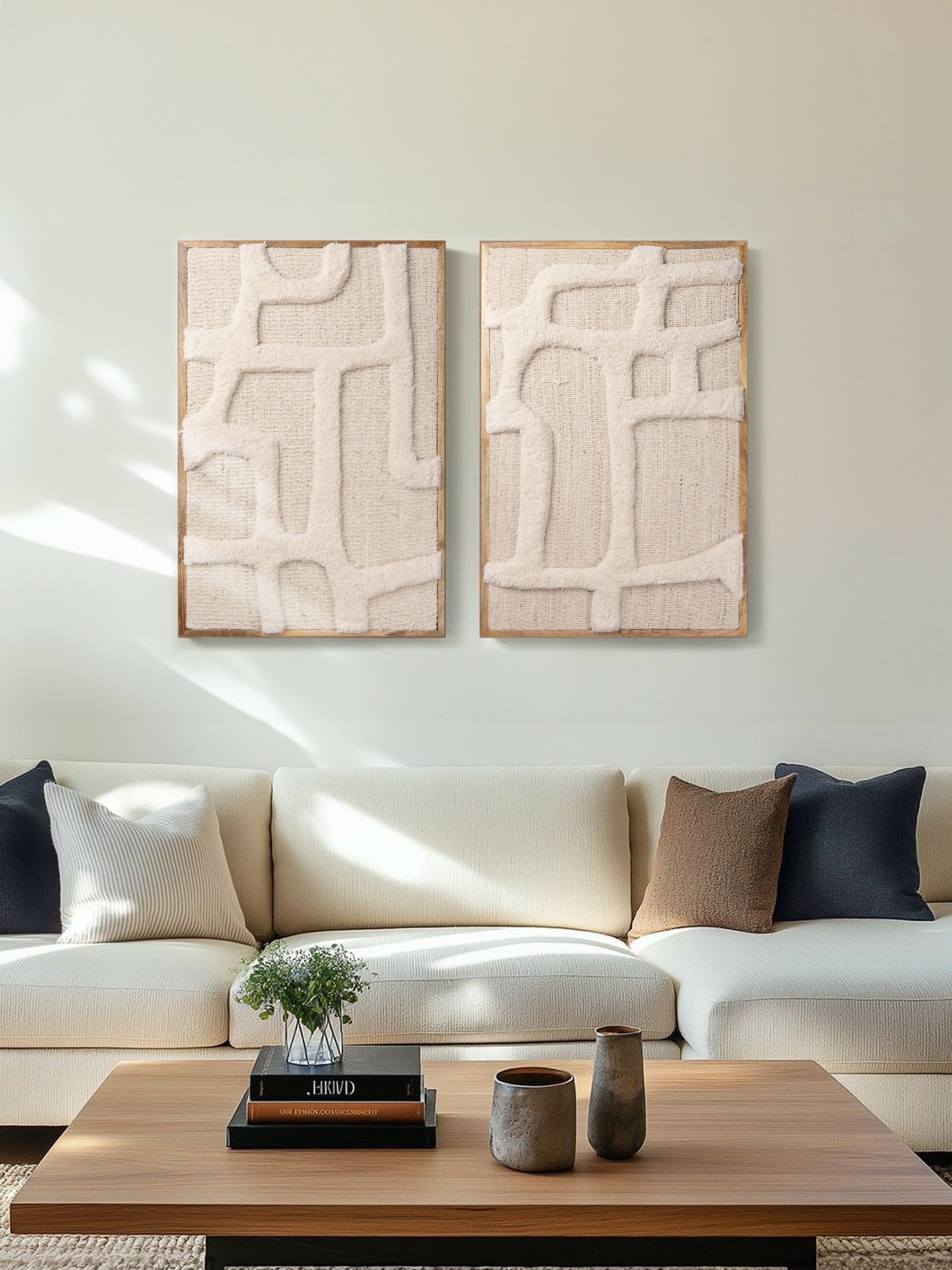 over-tufted wool pattern on handwoven base with refined wooden border