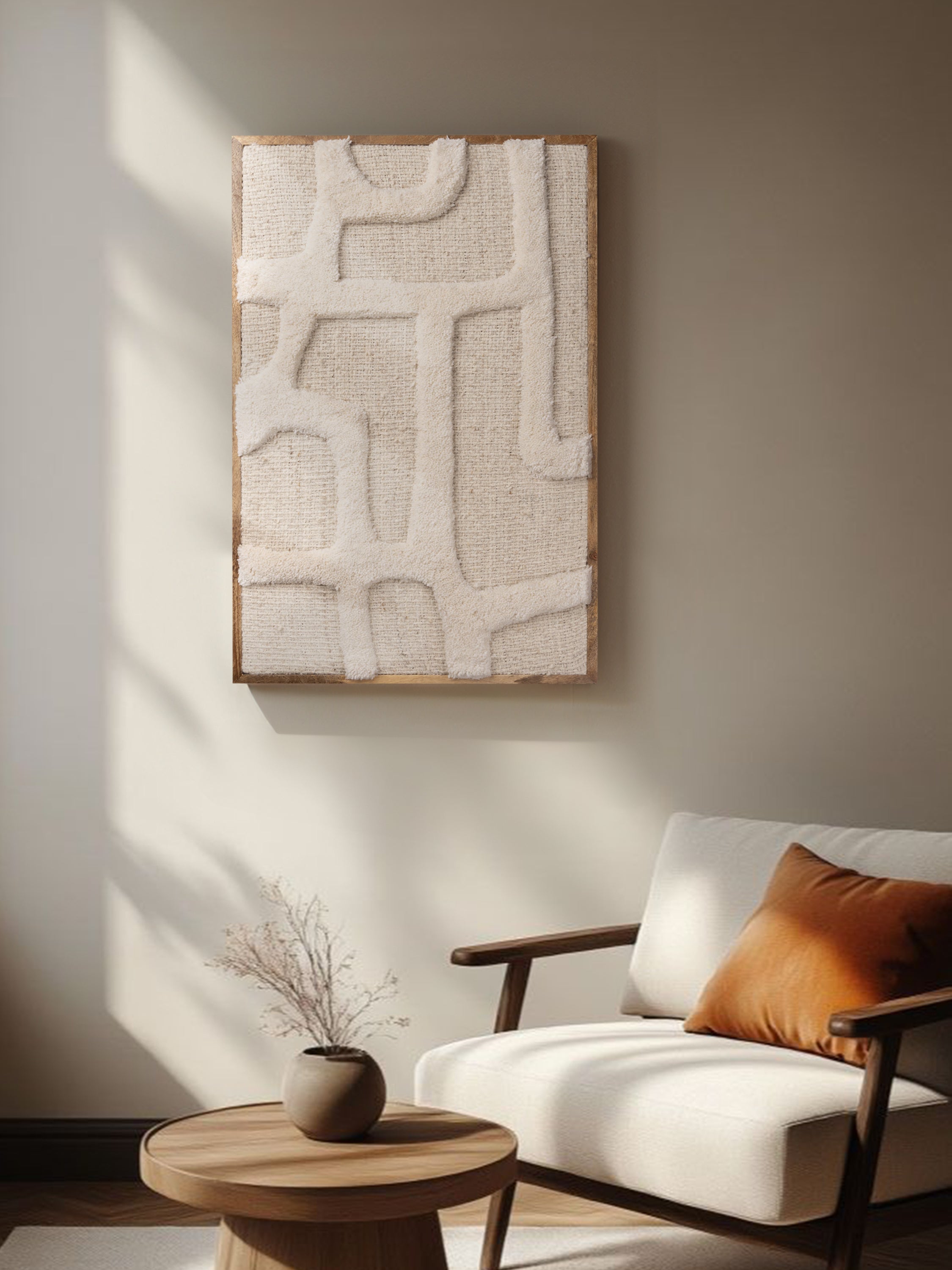 over-tufted wool pattern on handwoven base with refined wooden border