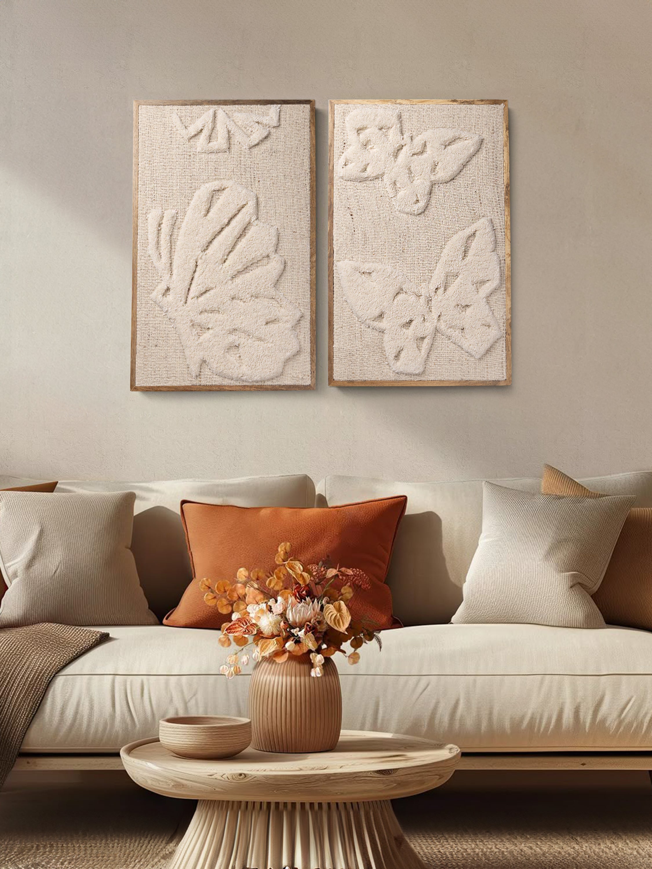 two handcrafted butterfly wall art panels paired in a refined interior