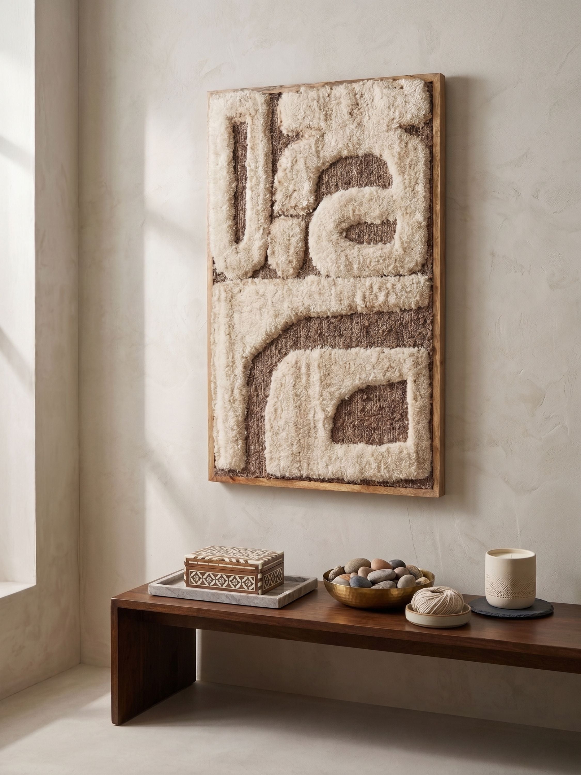 Tufted wool wall art with abstract geometric pattern in ivory and brown tones, styled above a wooden console with neutral decor objects