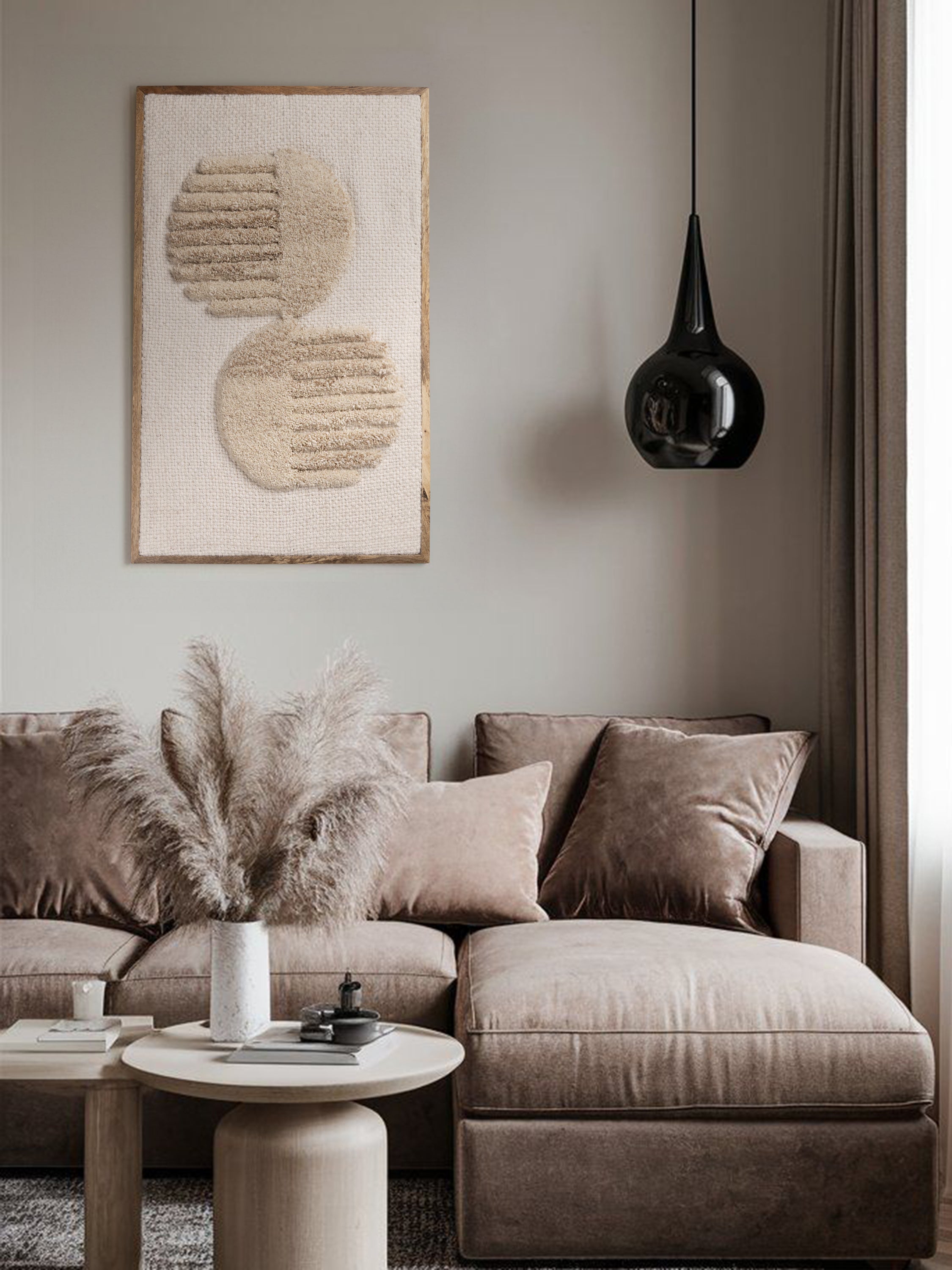 Aspen wall art styled in a serene modern living room interior