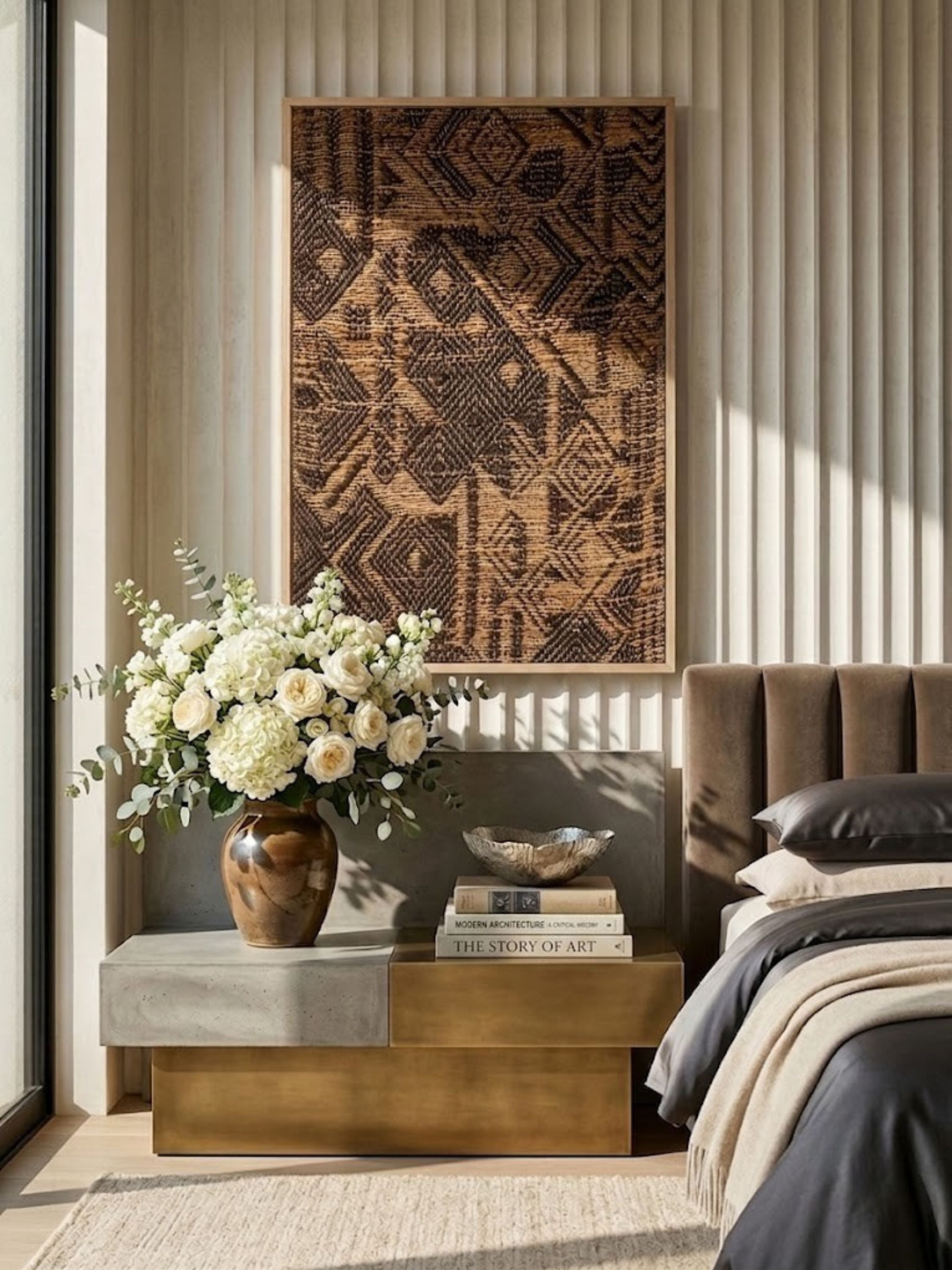 Jute wall art styled in a home office.