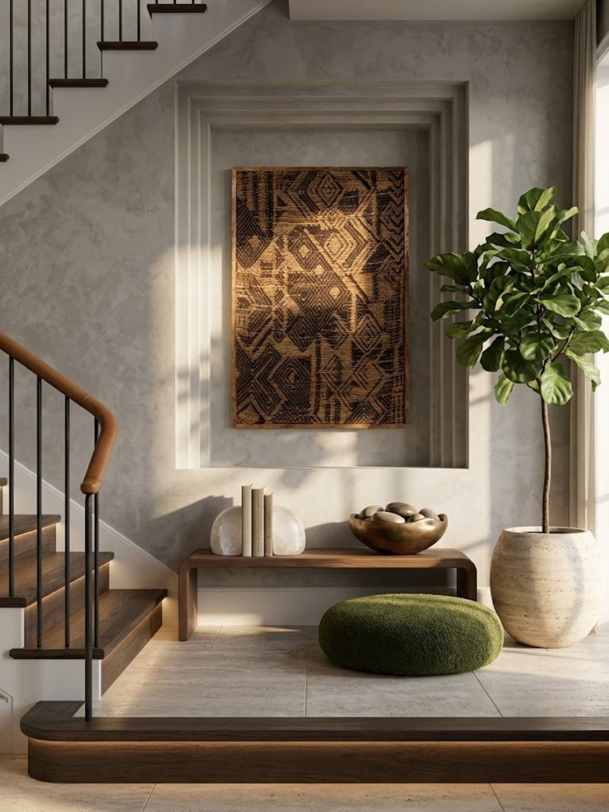 Jute wall art styled in a living room.