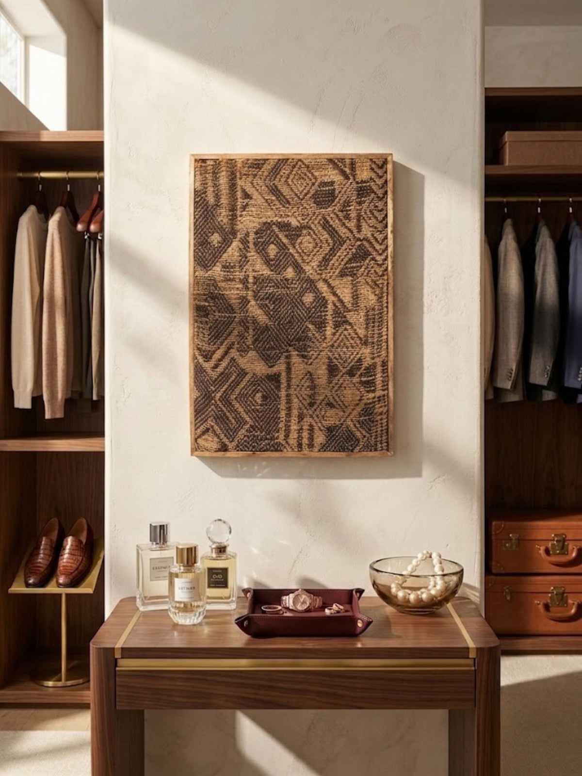 Jute wall art styled in a living room, angular woven pattern visible.