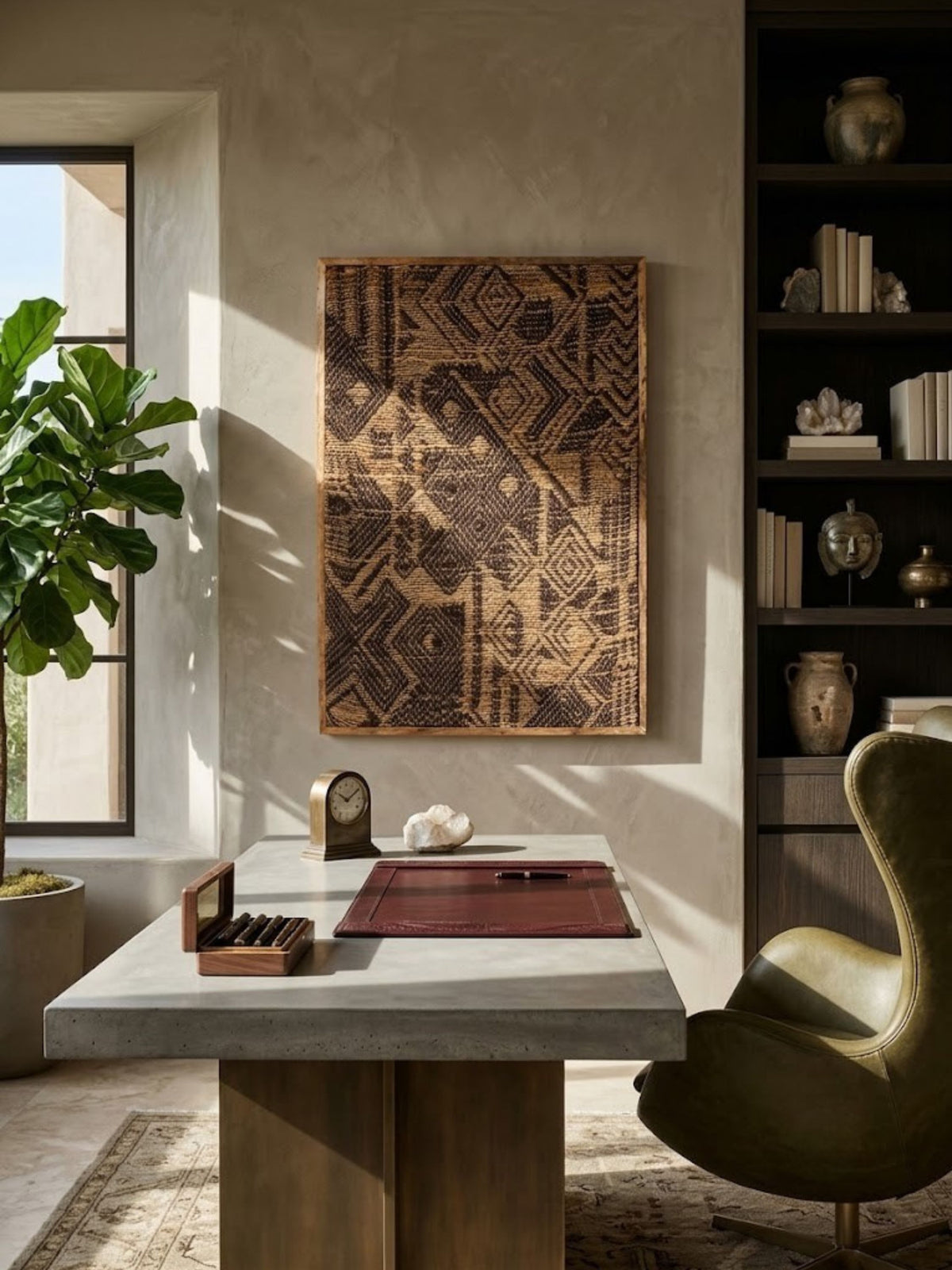 Jute wall art styled in an entryway.