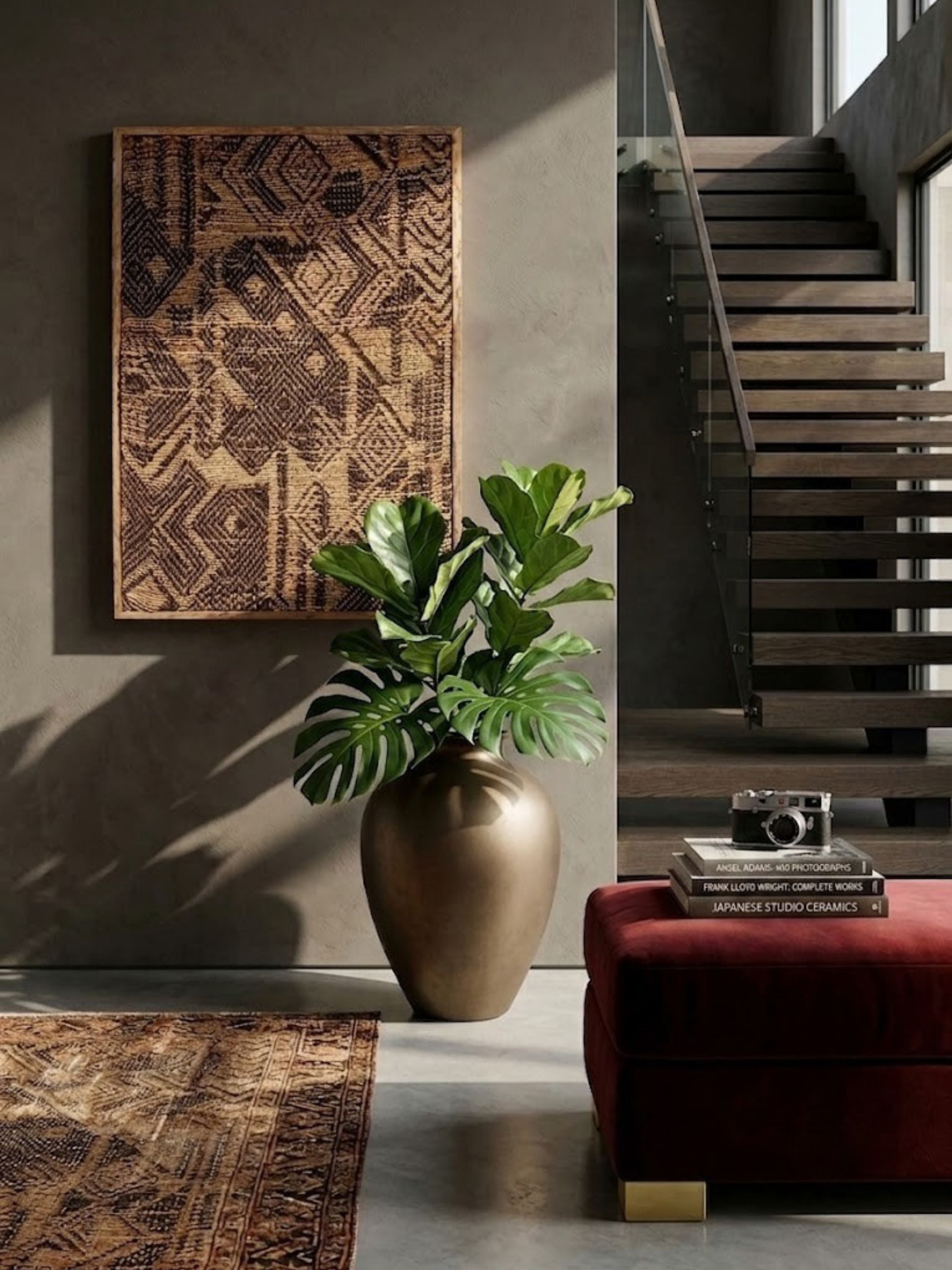 Jute wall art styled in a walk-in closet.