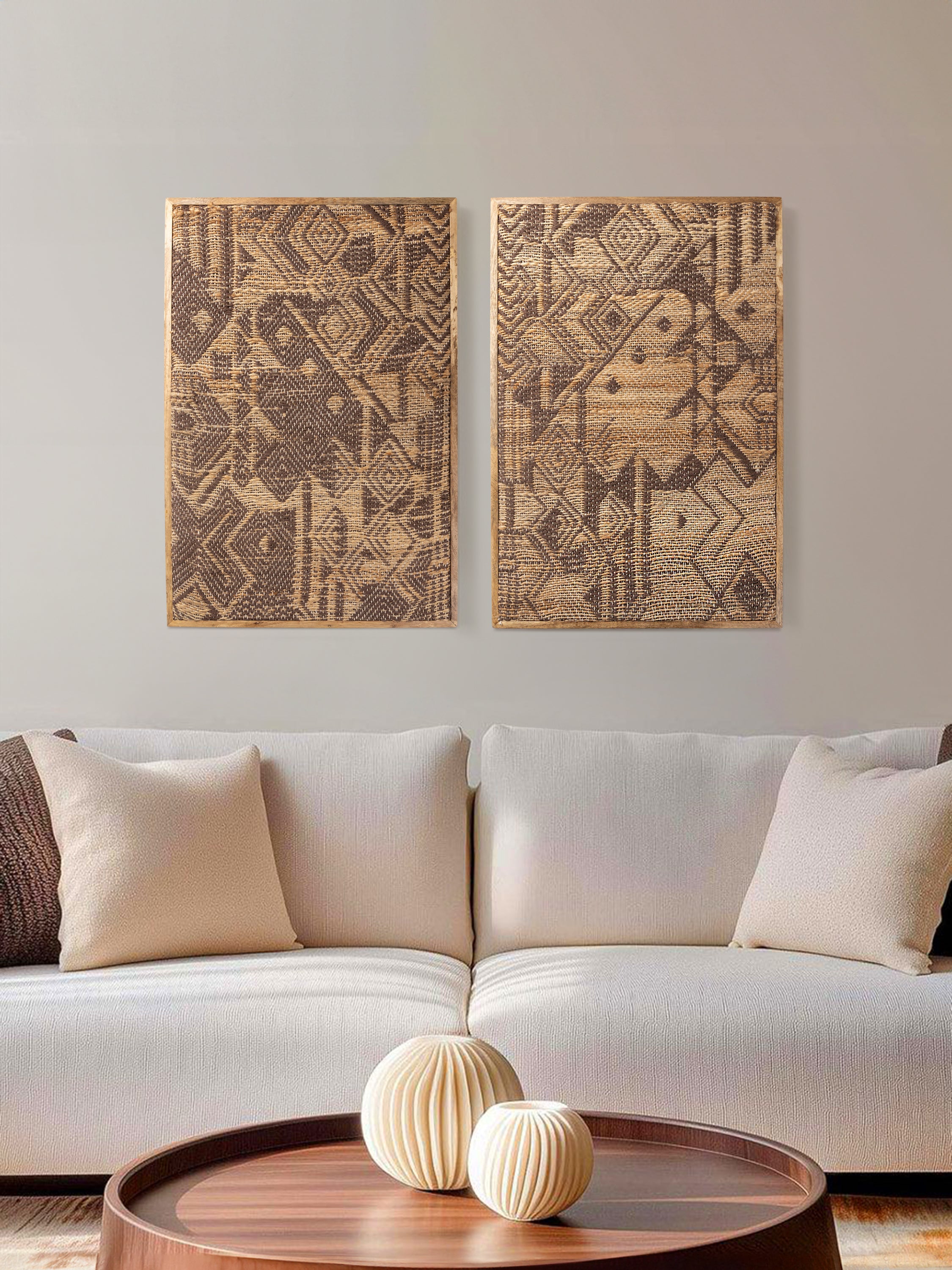 two handcrafted jute wall panels styled in a contemporary living room