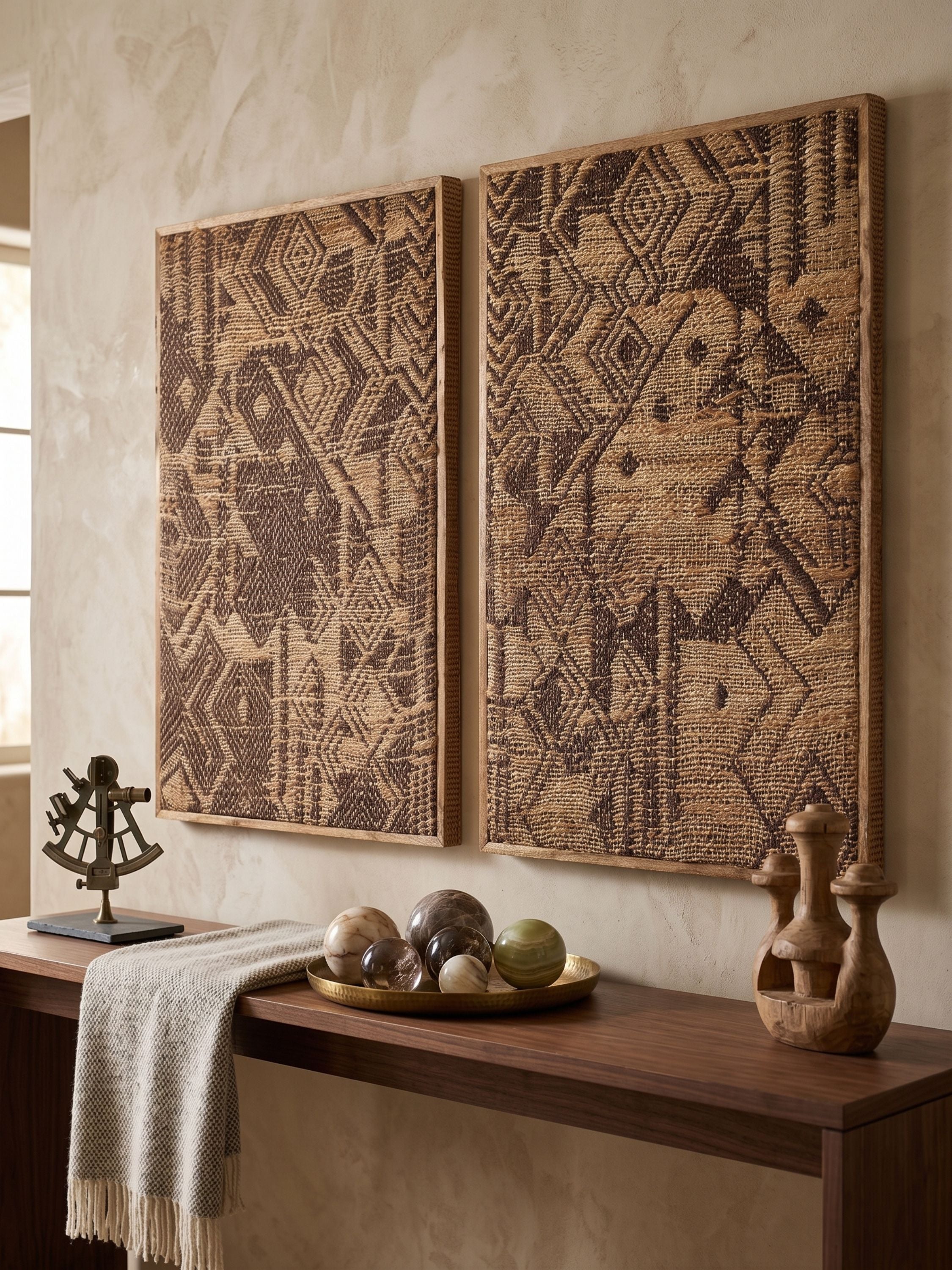 Set of two jacquard woven jute wall art panels with geometric pattern in natural brown tones, framed in wood and displayed above a console in a warm interior
