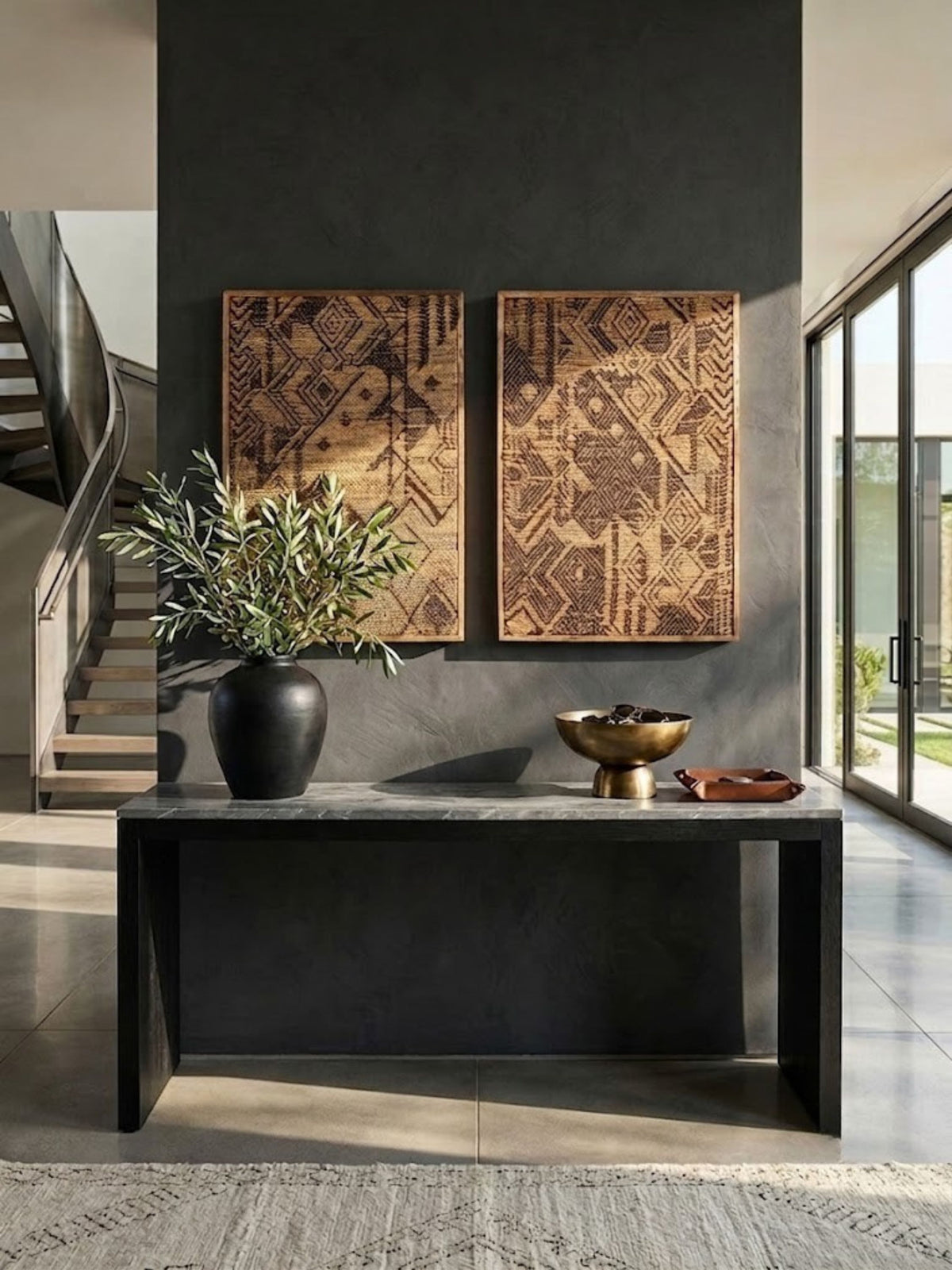 Madagascar jute wall art, Lova and Zana shown together, styled above a console table.