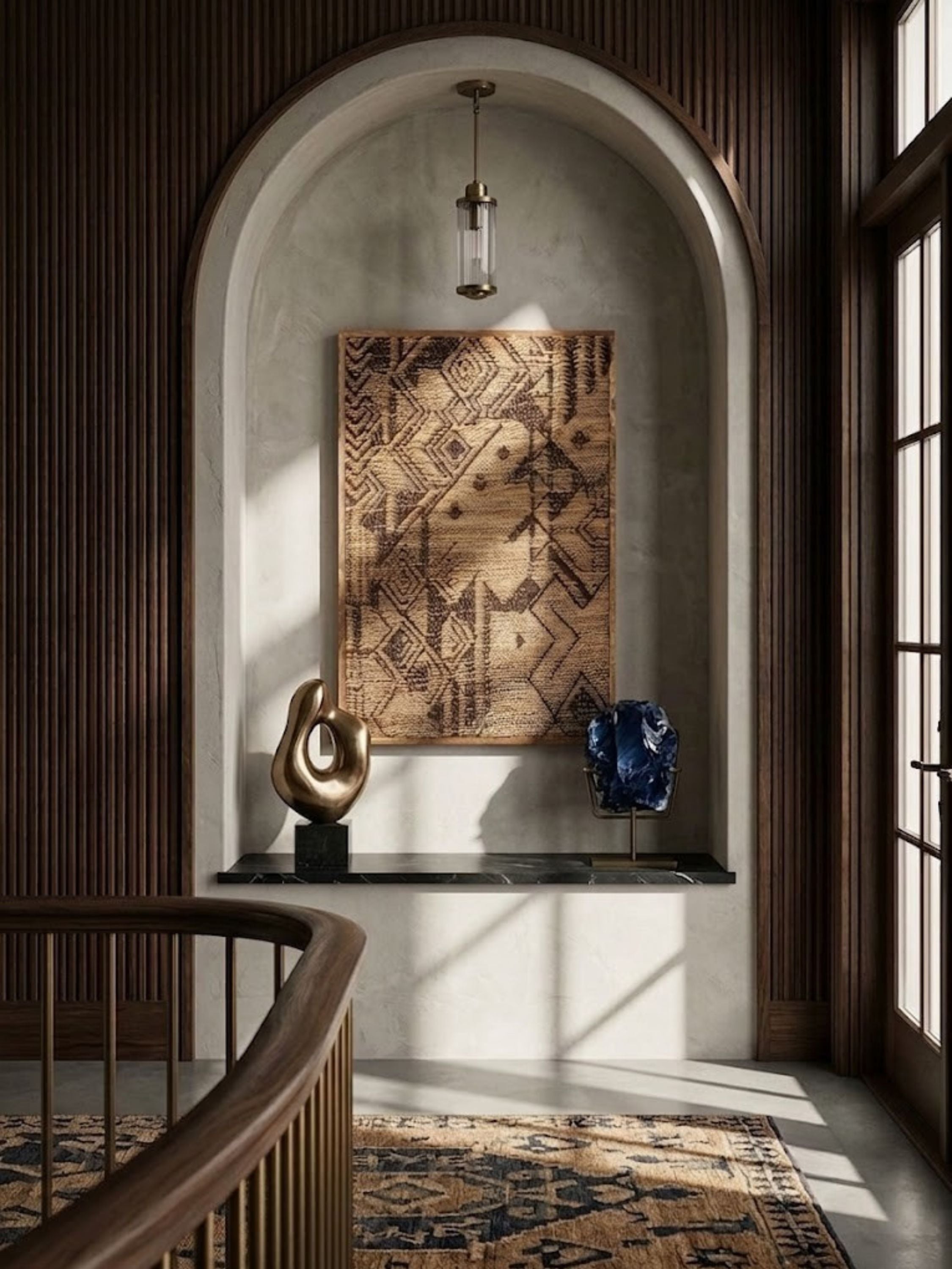 Jute wall art with a diamond lattice weave, styled in an entryway.