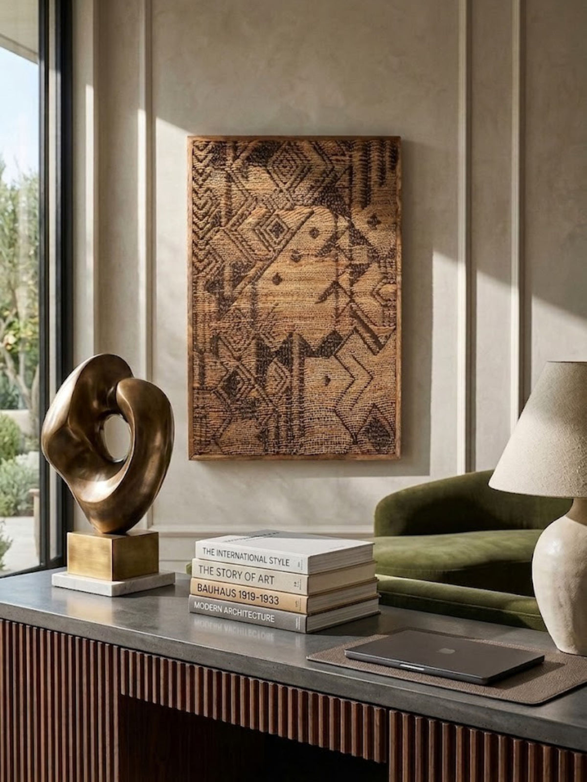 Jute wall art styled in a home office.