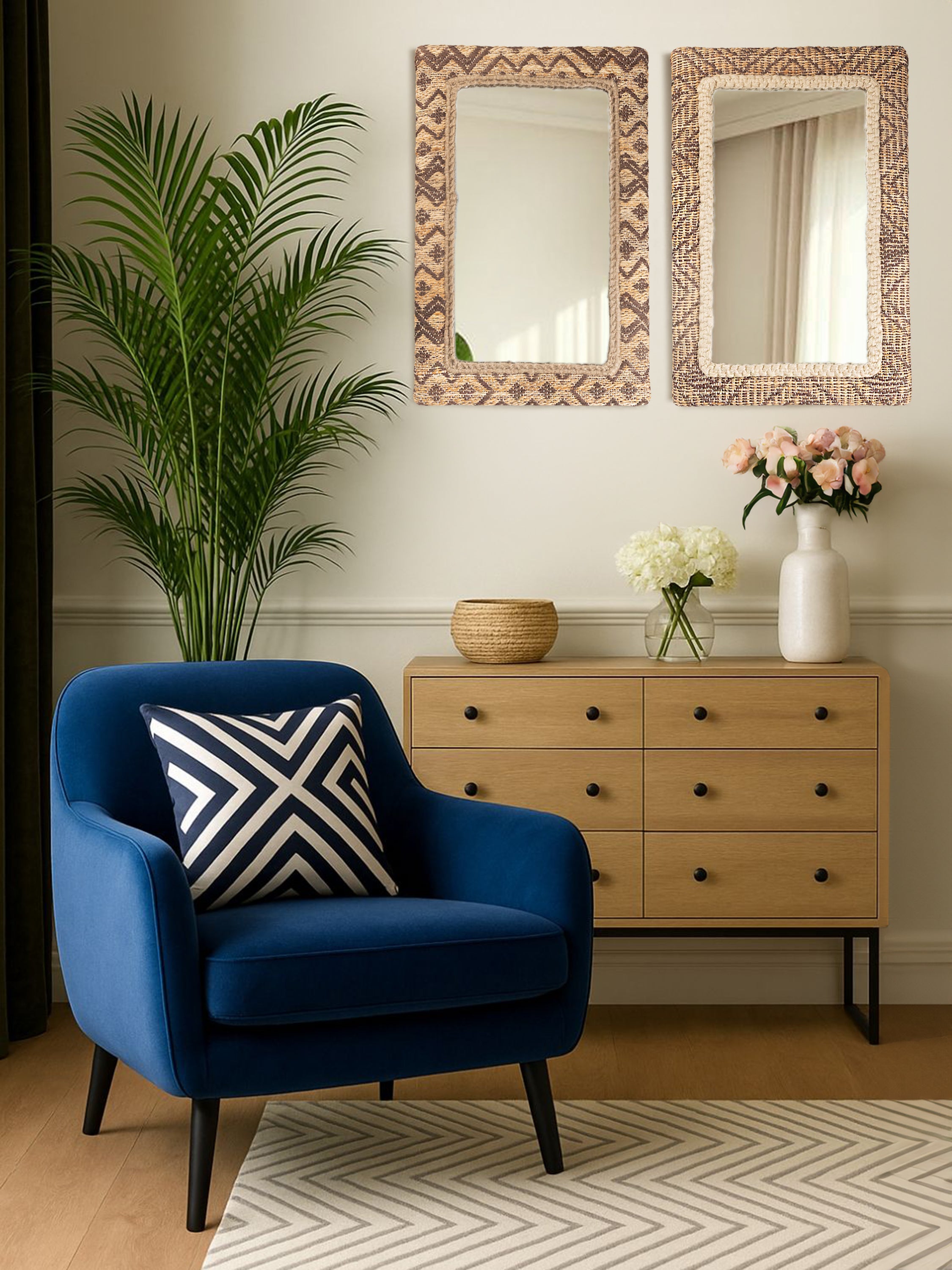 two handcrafted jute-woven mirrors paired in a contemporary interior