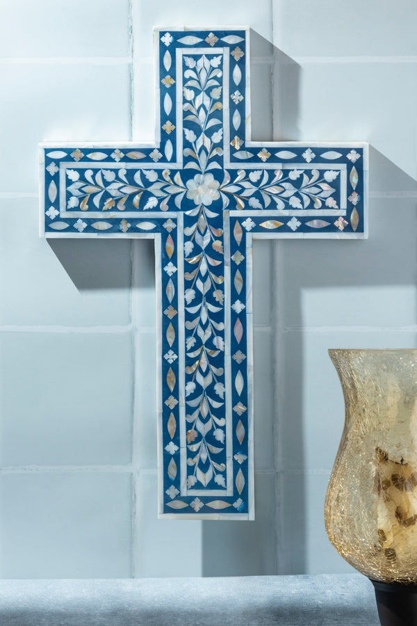Wood Christian Wall Cross Handcrafted in Mother of Pearl inlay