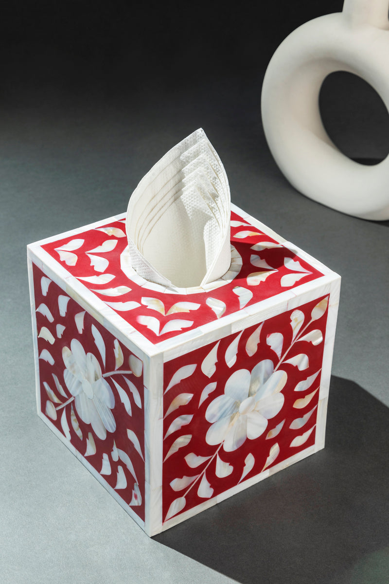 Distressed Red White Wood Decorative Tissue Box Holder