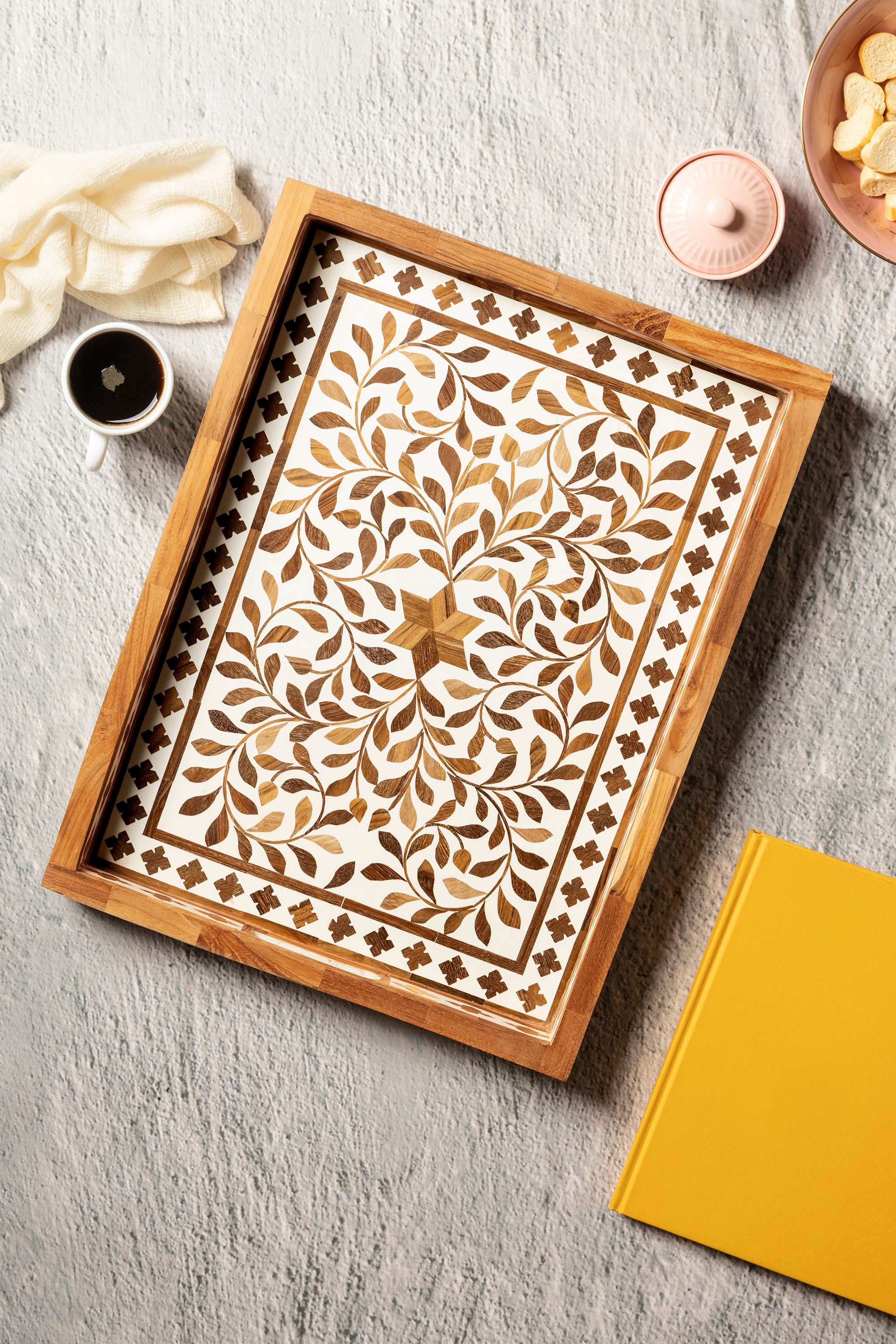 Luxury Handcrafted Brown Wood Inlay Rectangular Tray – Elegant Decorative Serving Tray
