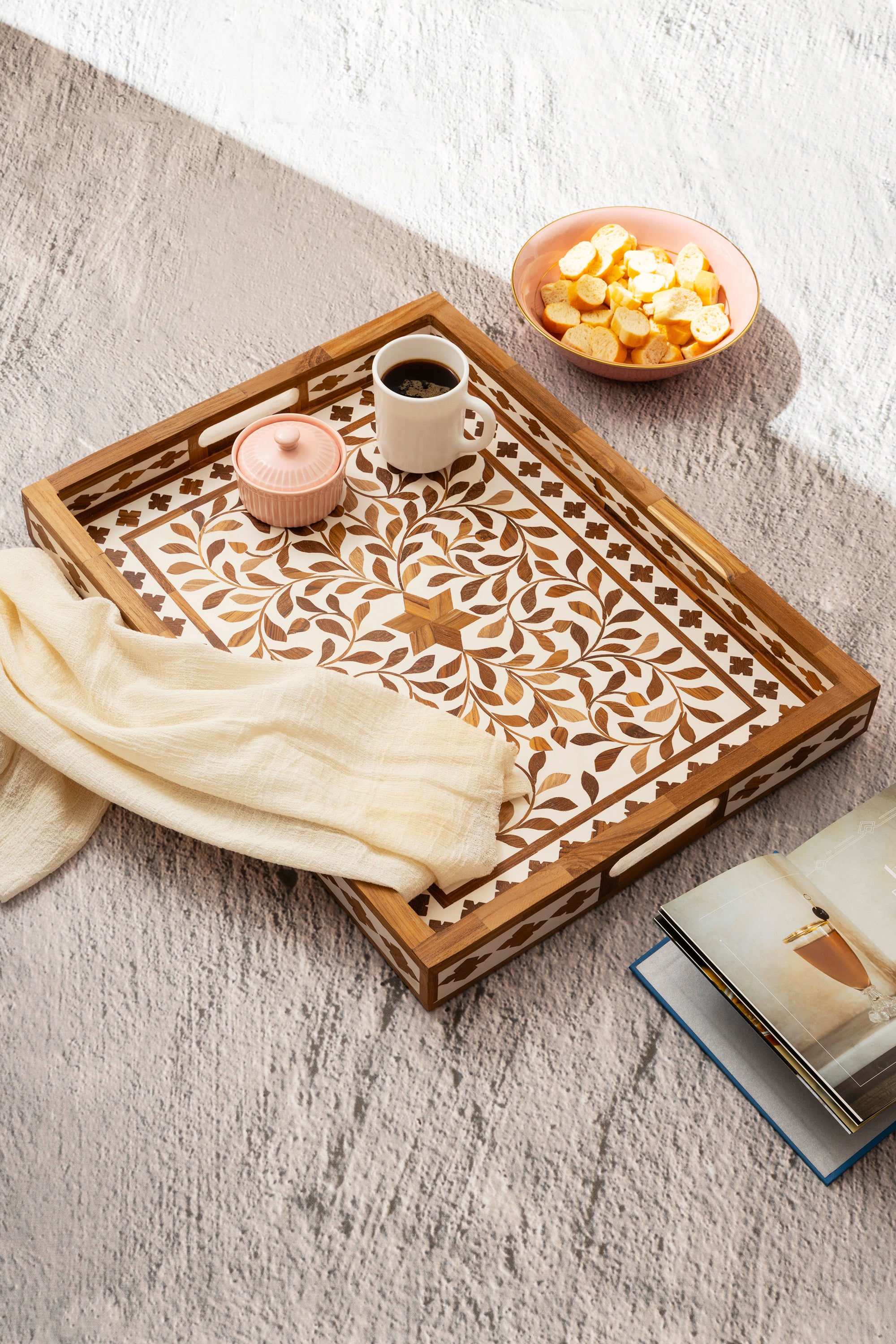 Premium Wooden Inlay Serving Tray – Large Rectangular Tray for Home and Kitchen Decor
