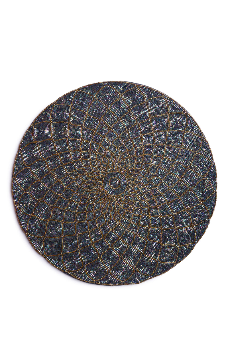 Beaded Placemats for dining Table Blue & Gold - Pack of 2 measure 15 inches